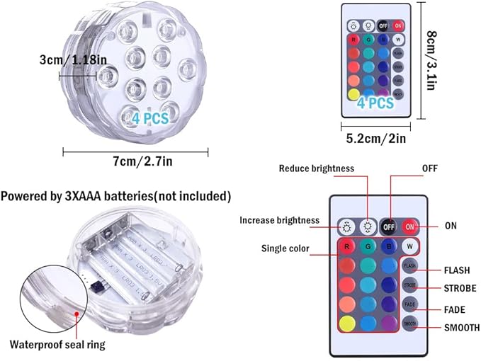 Submersible LED Lights, 4PCS Waterproof Underwater Remote Controlled Battery Operated Wireless, Multicolor Submersible Led Lights for Christmas, Pond, Party, Wedding, Vase Base Decorations