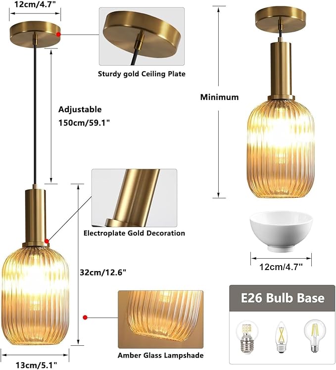 KCO Lighting 1-Light Amber Glass Ceiling Light Fixture Vintage Striped Glass Pendant Light Farmhouse Cylinder Pendant Light Gold Mini Kitchen Island Pendant Lighting Single Hanging Light