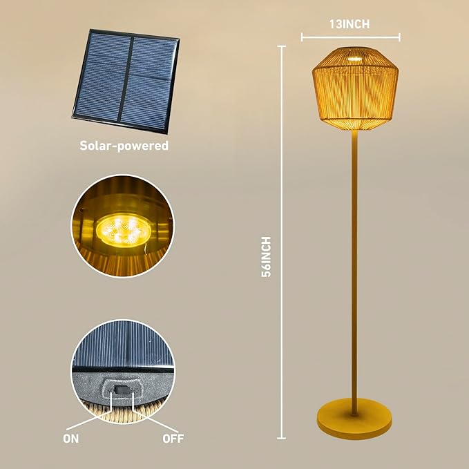 Outdoor Solar Floor Lamp, Large Natural Rattan Lantern with Metal Pole and Base, Waterproof Lamp for Patio Yard Garden Wedding Home Decoration