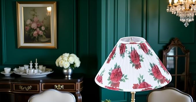 Aspen Creative 33176 Hardback Empire Spider Lamp Shade, Mushroom Pleated in White with Red Floral Print Designed Fabric, 6" Top x 19" Bottom x 12" Slant Height