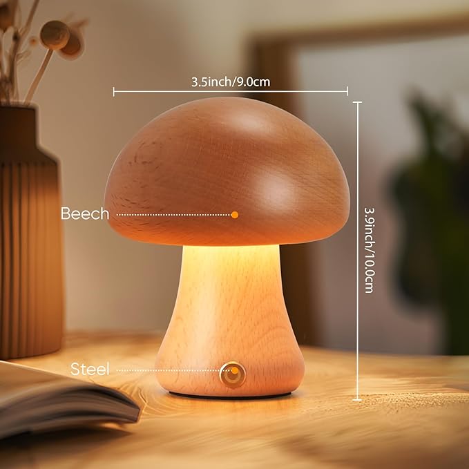 Creative Wood Mushroom Table Lamp, Portable Cordless Small Lamp, Rechargeable Battery Operated Lamp,Stepless Dimming, Night Light for Birthday Gifts, Creative Home Decor Unique House Gift