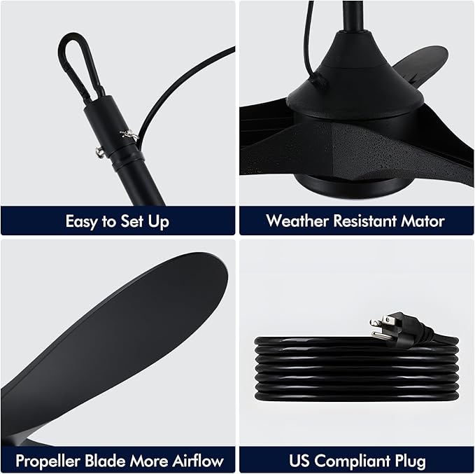 52 inch Outdoor Ceiling Fan with Light Waterproof - Plug in Hanging Hook for Patio, Porch, Gazebo - Wet Rated Weatherproof Exterior Black 3 Blades Ceiling Fan with Remote