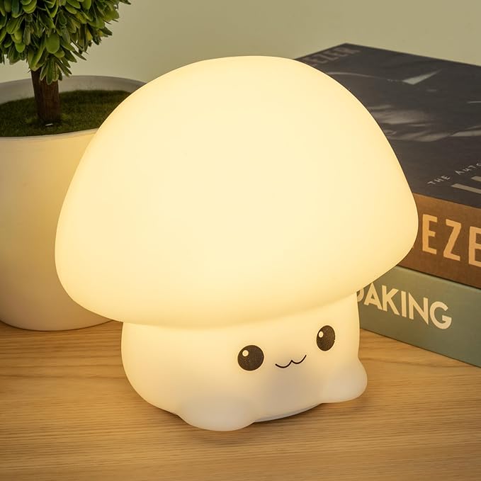 Adorable LED Squishy Animal Night Light - 2 Level Dimmable Nursery Lamp for Kids, Rechargeable Touch Lamp, Cute Dorm Decor - Perfect Baby Boys Girls Gift (Cartoon Mushroom)