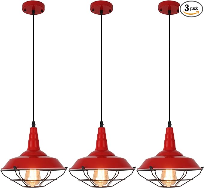 Farmhouse Red Pendant Light, 3 Packs 10.5 inch, Modern Pendant Lighting, Kitchen Pendant Lights, Industrial Pendant Light, Pendant Lights Kitchen Island for Bedroom, Living Room, Bar