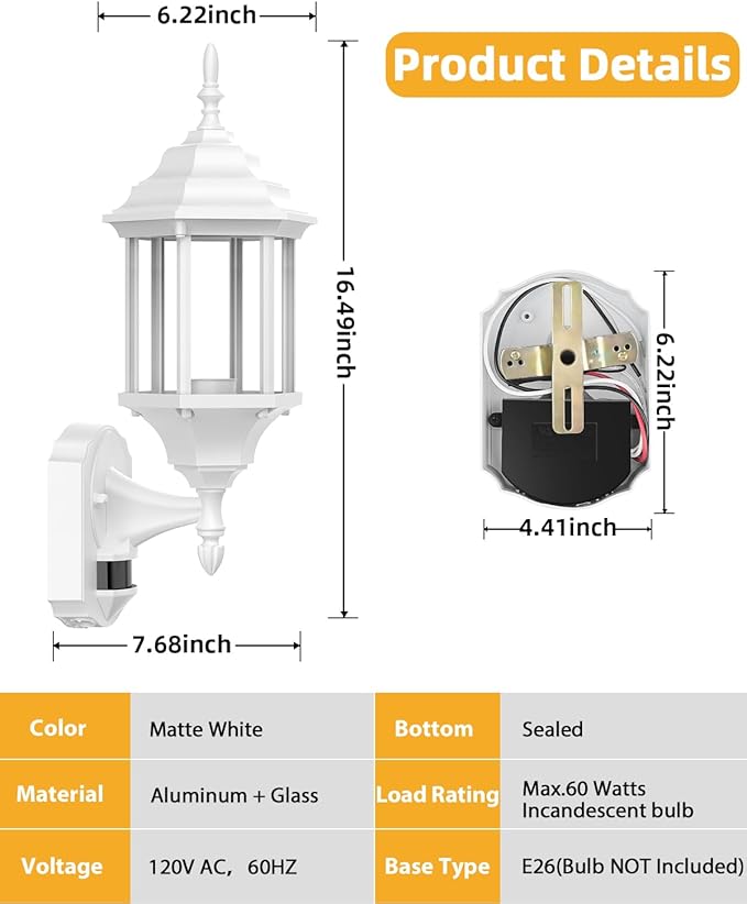 Redluck Motion Sensor Outdoor Lights, 16 inch Dusk to Dawn Outside Porch Lights, Waterproof Anti-Rust Aluminum Outdoor Wall Lights Exterior Lighting Fixtures for House, Garage, Front Door, White