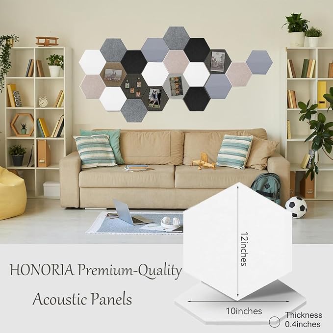 HONORIA 12-Pack Acoustic Panels, Soundproof Wall Panels, Hexagon Self-Adhesive 12"X10"X0.4, High Density Sound Dampening Panels - White