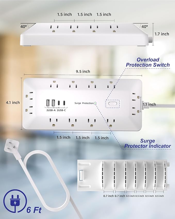 16 in 1 Surge Protector Power Strip with 4 USB (2 USB C) and 12 AC Outlets Extender, 6 Ft Flat Plug Extension Cord, Cable Management Outlets for Home Office and Dorm Rooms (White)