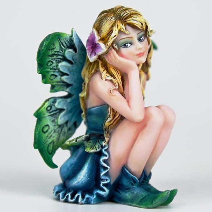 Fantasy Thoughtful Fairy Figurine, 3.15 Inch Blue-Green Gradient Elf Statue, Hand-Painted Resin Decor with Purple Hair Flower & Textured Wings for Desk, Fairy Garden, Plant Pot