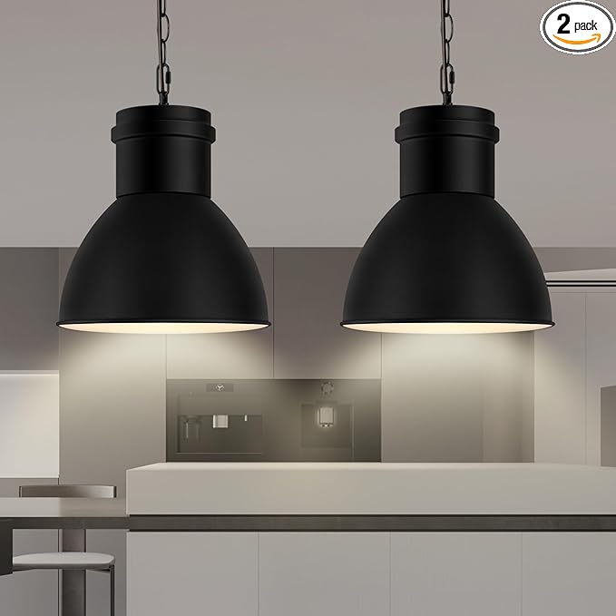 2 Pack Black Pendant Lights Kitchen Island, 10.6" Large Metal Shade and 70.9'' Adjustable Height, Farmhouse Hanging Pendant Light, Modern Pendant Lighting Fixtures for Kitchen Island/Bar, No E26 Bulb