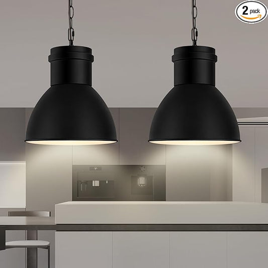 2 Pack Black Pendant Lights Kitchen Island, 10.6" Large Metal Shade and 70.9'' Adjustable Height, Farmhouse Hanging Pendant Light, Modern Pendant Lighting Fixtures for Kitchen Island/Bar, No E26 Bulb