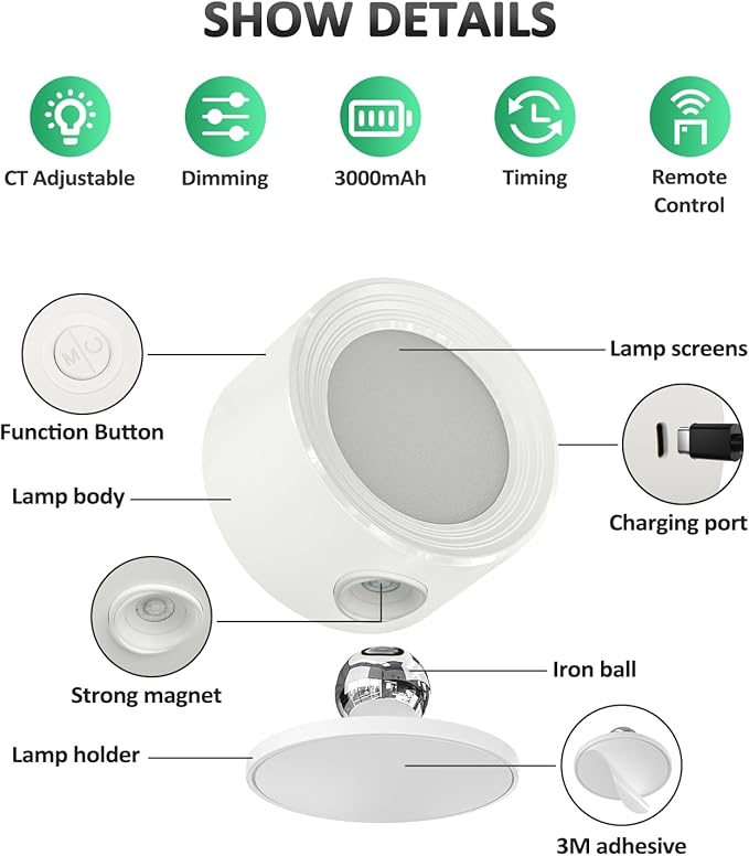 LED Wall Sconces with Remote, Wall Mounted Lights Rechargeable Battery Operated, 3 Color Temperatures & Dimmable Wall Lamp Magnetic 360° Rotation Wireless Light