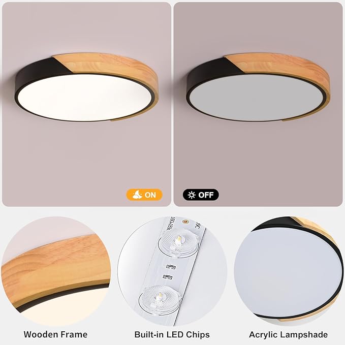 Vikaey Modern LED Ceiling Light, Minimalist Wood Flush Mount Ceiling Light Fixture, 4000K Not Dimmable, Circle Lighting Lamp with Acrylic Lampshade for Bedroom Laundry Room Hallway (Black,11.8")