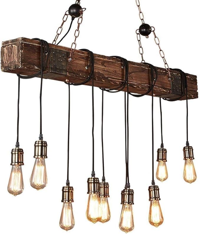 Rustic Farmhouse Chandeliers for Dining Room & Kitchen Island 10-Light Adjustable Wooden Pendant Lighting 43.3" Retro Ceiling Hanging Light for Bar & Pool Table