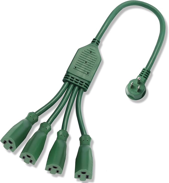 Flat Extension Cord Splitter 1 to 4, 90 Degree Plug Adapter 14AWG SJTW 15A 1875W, 4 Way Outlet Plug Splitter 3 Prong, Outdoor Plug Splitter 2.3ft Heavy Duty Cable for Indoor or Outdoor use, Green.