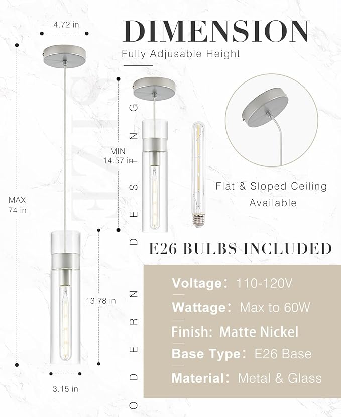 Pendant Lights Kitchen Island (Bulb Included), Brushed Nickel Adjustable Modern Glass Pendant Light Over Island, Industrial Pendant Light Fixtures for Dining Room Hallway Bedroom Living Room
