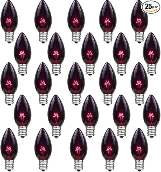 25 Pack C7 Black Halloween Replacement Bulbs C7 Clear Outdoor String Lights Replacement Bulbs, C7/E12 Candelabra Base, 5 Watt