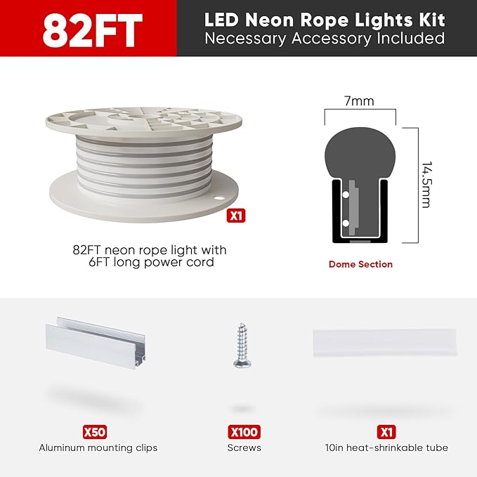 Shine Decor LED Neon Rope Lights AC 120V, ETL-Listed Flexible 120LEDs/M Dotless Strip Lighting, Custom Cuttable & IP65 Waterproof for Indoor Outdoor, 7x14.5mm, 6500K Cool White, 82FT