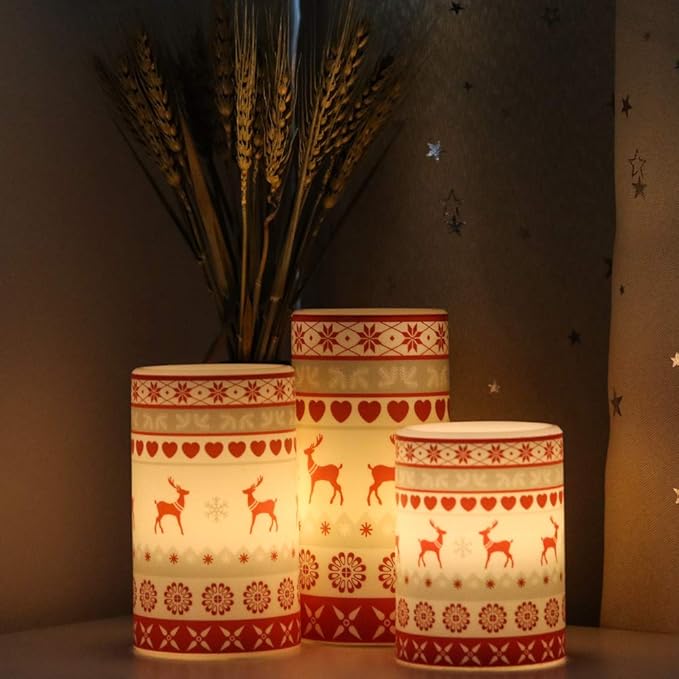GenSwin Flameless Flickering Led Candles Battery Operated with 6 Hours Timer, Real Wax Pillar Candles Warm Light Love Deer Decal Decor Gift(Pack of 3)