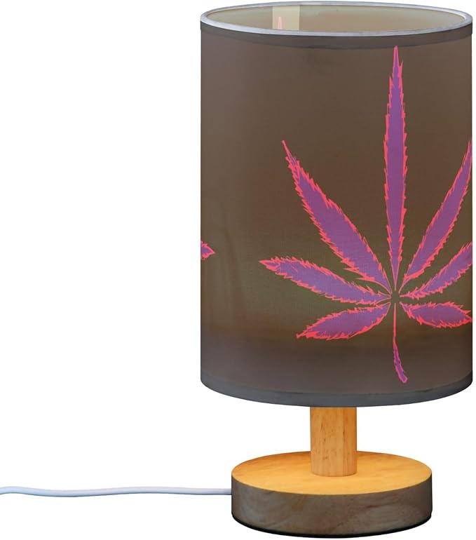 Table Lamp Neon Purple Marijuana Leaf Cannabis Weed Leaves on Black Nightstand Lamp with Wood Base Fabric Lamp Shade Bedside Desk Lamp for Living Room Bedroom Kids Room Office