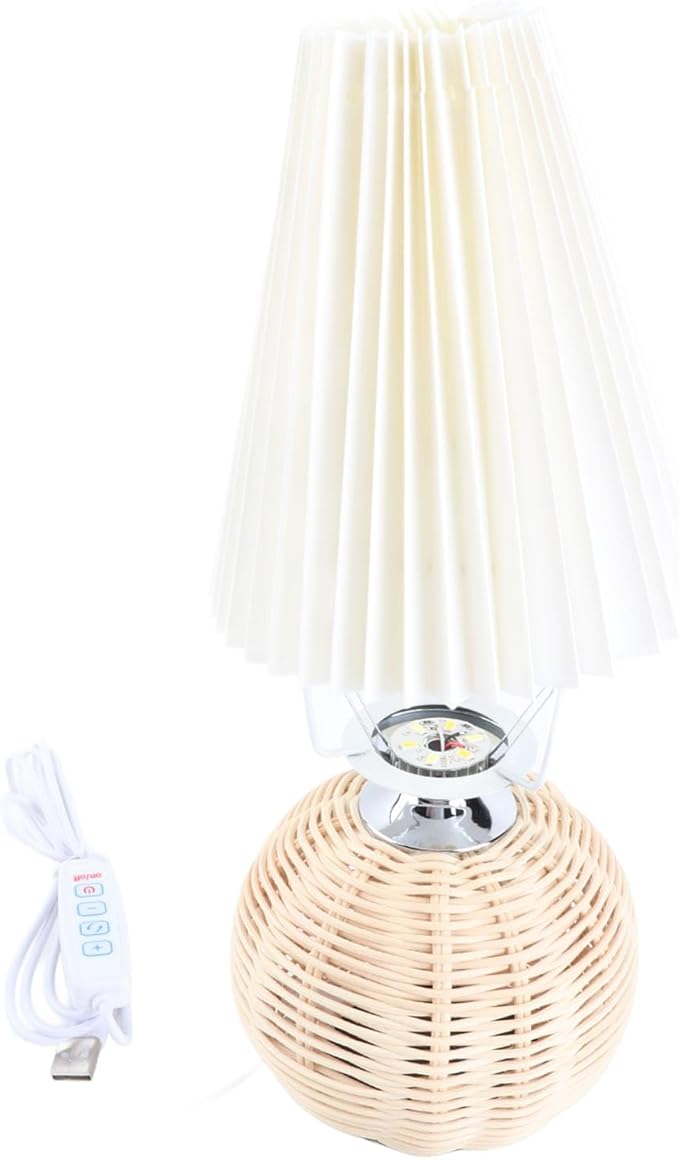 Garosa Small Pleated Modern Nightstand Table Lamp Cute Rattan Bedside Night Light Beige Lampshade Pleated Aesthetic Vintage Lamp Mini Lamp for Bedroom Living Room Home Decorative