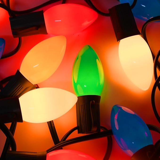 C9 Ceramic Multicolor Christmas String Lights, 25FT Vintage Christmas Lights Green Wire with 25+1 Multicolored C9 Light Bulbs, Hanging String Light for Xmas Tree Home Yard Party Decor, 7W, E17 Base