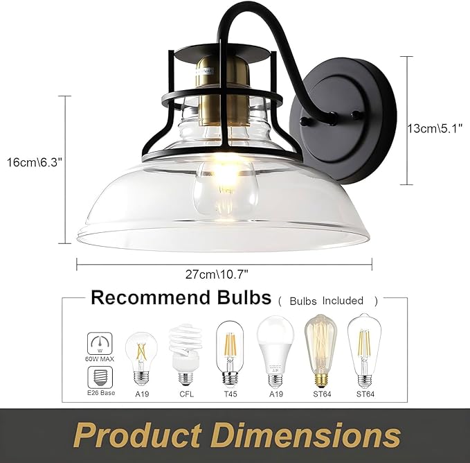 Gooseneck Barn Light Vintage Wall Lamp,Farmhouse Wall Sconces Indoor with Clear Glass Shade, Gold and Black Wall Sconce Over Kitchen Sink, for Bathroom Porch Kitchen Living Room Restaurant (2Pack)