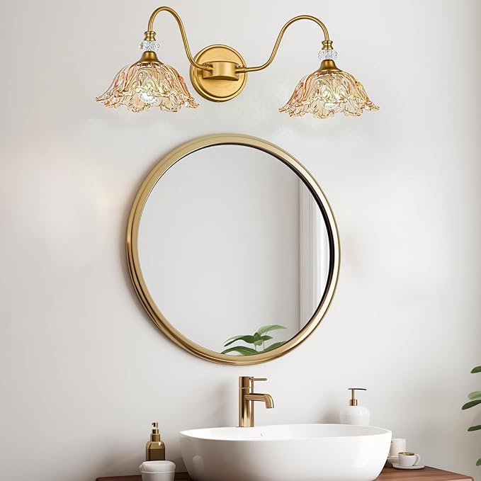 Vintage Bathroom Vanity Light, 2-Light Matte Brass Finish Vanity Light with Floral Amber Glass Shades, Retro Wall Sconce for Bathroom, Dressing Table