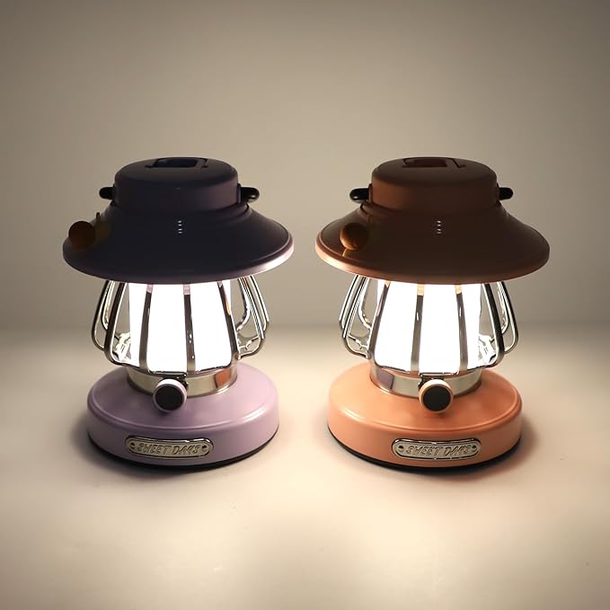 Vintage Lantern Decorative,Hanging Lantern Decor,Camping Lantern Portable Tent Light Emergency Light,Retro Rechargeable Camping Lantern,Infinite Dimming 3 Level Color Temperature (Pink)