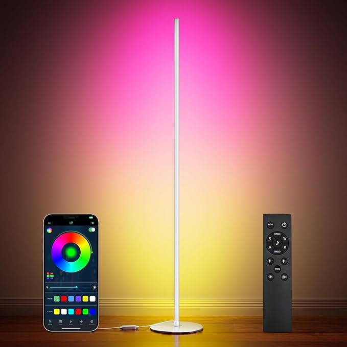 luckystyle Smart RGB Corner Floor Lamp,Bright LED Tall Modern Floor Lamp with APP and Remote,Ambient Lighting Color Changing Standing Lamps with Music Mode and Timing for Living Room,Bedroom White