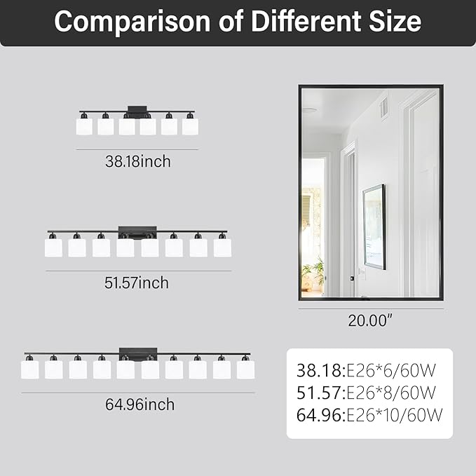 8 Light Black Bathroom Light Fixtures Over Mirror for Big Mirror, Modern Bathroom Lighting with Milky White Frosted Glass Shades,51 inch Lights for Vanity for Mirrors, E26