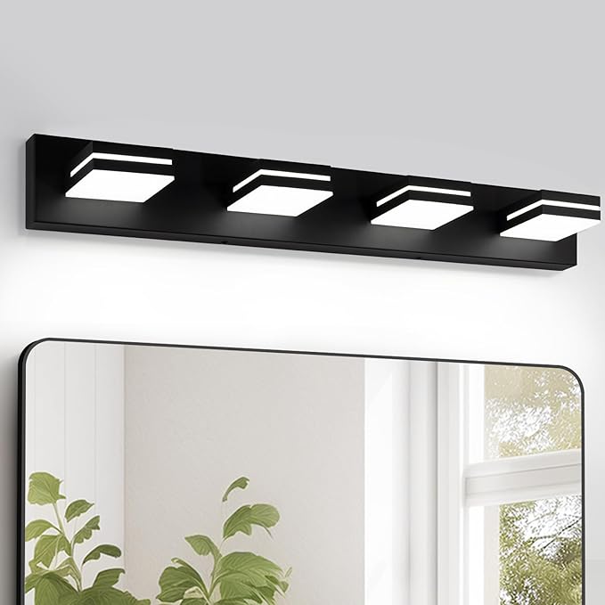 OKELI 4-Light Bathroom Vanity Light Black Modern LED Vanity Light Over Mirror Dimmable Mirror Front Lamp with 350° Adjustable Lamp Head ETL Listed 32W 6000K Cold White