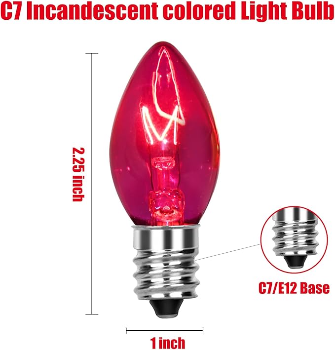 25 Pack C7 Christmas Lights Replacement Bulbs,Clear Multicolor Glass Incandescent Light Bulbs,C7/E12 Candelabra Base 5 Watt for Indoor Outdoor String Light,Tree, Christmas Lights