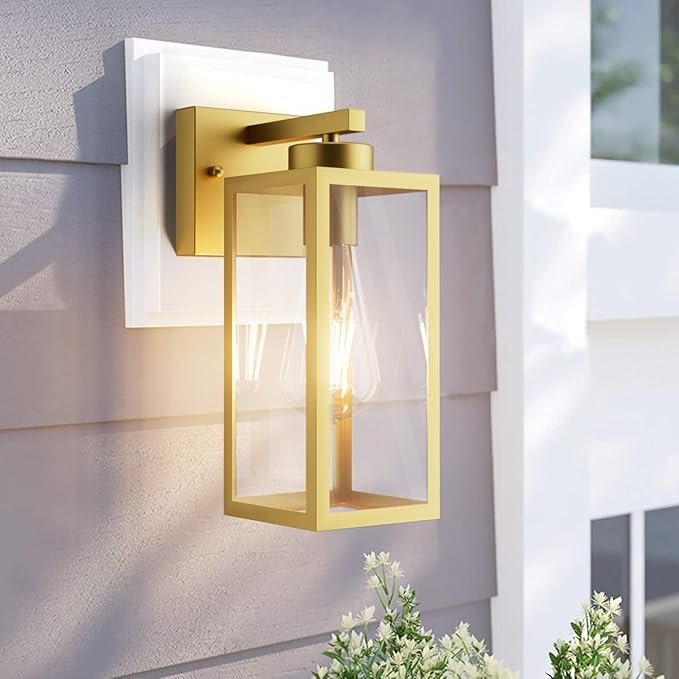 Tipace Dusk to Dawn Outdoor Wall Lantern, Exterior Wall Sconce Sensor Light Fixture, Golden Wall Mount Lights, Gold Outdoor Wall Lights with Clear Glass Shade for Garage, Doorway
