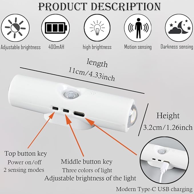 Portable Wall Mounted Night Light,USB Rechargeable Magnetic LED Wall Lamp,Motion Sensor Night Light,3-Color Battery-Powered Wall Lamp,for Hallways,Bedrooms,Bathroom,Living Room(White 2 pcs)