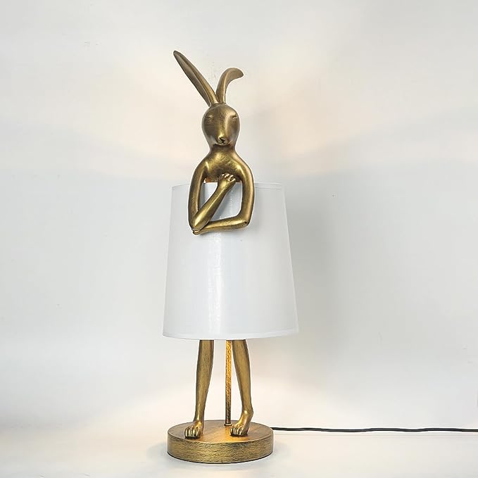 Cute Rabbit Animal Table Lamp,Big Size 25.6", Gold Resin Bunny Decor LED Desk Light,White Linen Shade,Home Eye Protection Lamp Office Study Bedside Small Bunny Light (25.6" White Shade)