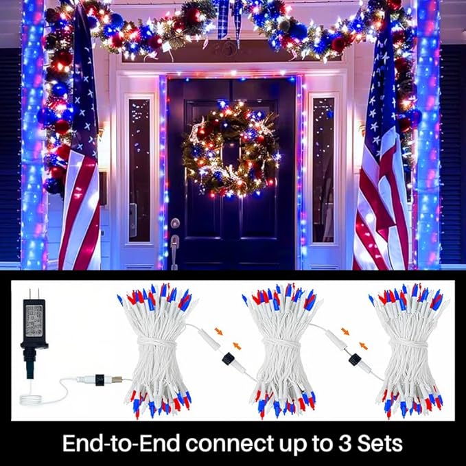 LAMPHOME Red White and Blue Lights, 4th of July Decorations String Lights Plug in Indoor Outdoor, 16 Modes Waterproof Patriotic Light for Independence Day Holiday Memorial Day Party Decor