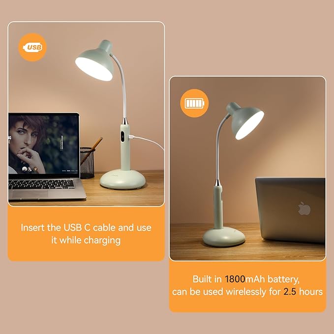 VAVOFO Wireless Touch Control Desk Lamp 6781-2700-7000K Color Temperature, 700LM, Eye-Caring LED Desk Light with USB-C Charging, Adjustable Brightness, 360° Gooseneck, 2.5hrs Wireless Use (Green)