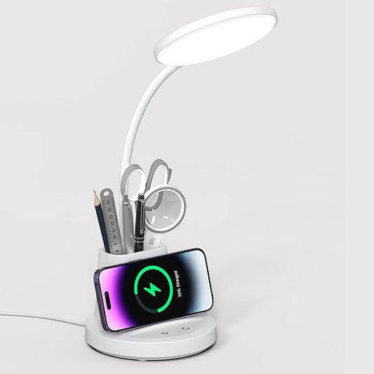Desk Lamp for Home Office, LED Desk Lamp with Wireless Charger Pen Phone Holder, Dimmable Desk Light 3 Color Modes, College Dorm Study Lamp for College Dorm, CRI 90 800 Lumen