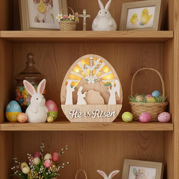 Valery Madelyn Easter Decorations with LED Light, Lighted Empty Tomb Scene and Cross Decoration, Wooden Christian Easter Decor Resurrection Scene for Home Table Shelf, 6.3 inch