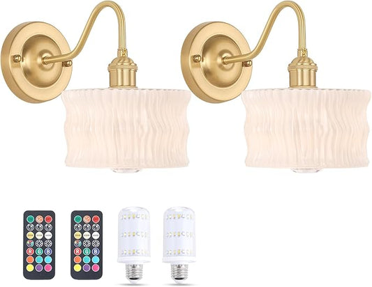 Battery Operated Wall Sconce Set of 2, Vintage Rechargeable Wall Lights with White Ripple Glass Shade, Wireless Indoor Wall Lamp for Bedroom Living Room Bathroom
