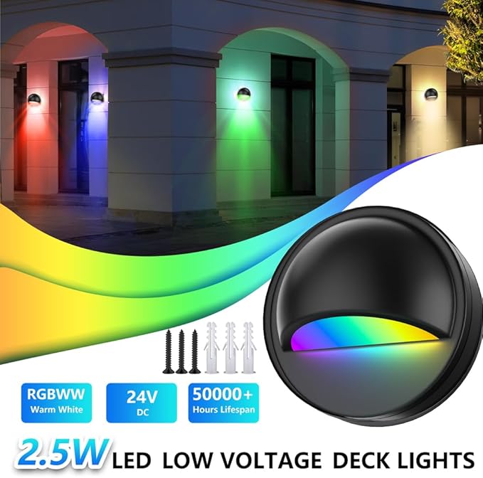 RGBW Low Voltage Deck Lights with Transformer Photocell Sensor Dimmable and Timer IP67 Waterproof Fence Lights for Outdoor Step Stair Patio Landscape Holidays Decoration Lighting (RGBW-8PACKS)