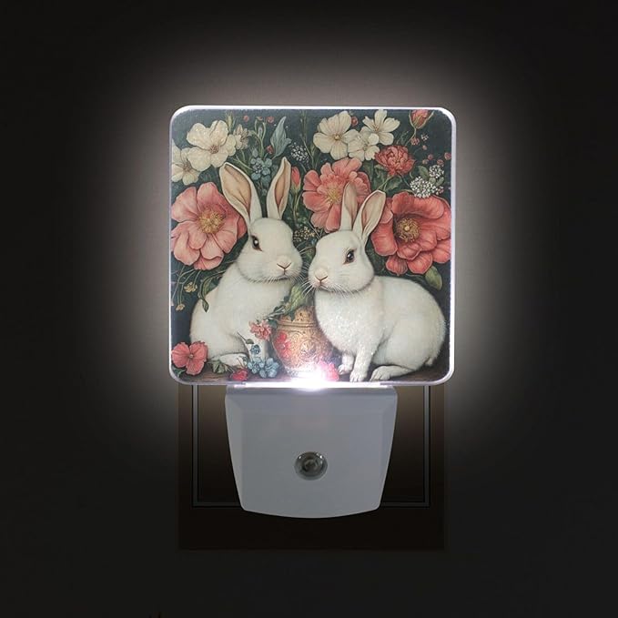 Easter Flower White Rabbit Night Light 2 Pack Dusk to Dawn Sensor Led Lamp for Women Men Night Lights Plug into Wall Decor for Bedroom Kitchen Corridor, 0.5W