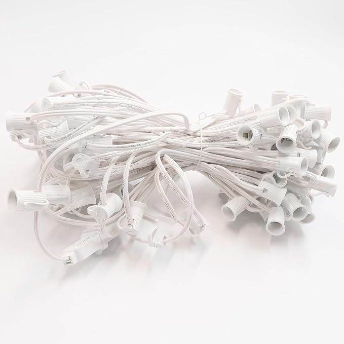 100FT C7 Light String Christmas Stringer, E12 Christmas Sockets 12" Spacing, C7 Stringer Set Green Outdoor String Light for Wedding Patio Event Lighting Decor, White Wire