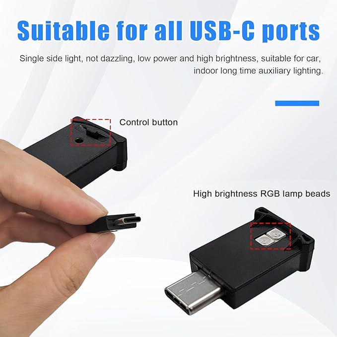 USB Type C LED Ambient Light, 8 Colors RGB Dynamic Gradient Brightness Interior Atmosphere Lamp, Mini Adjustable Car Accessories Replace Lighting Parts for Home Laptop