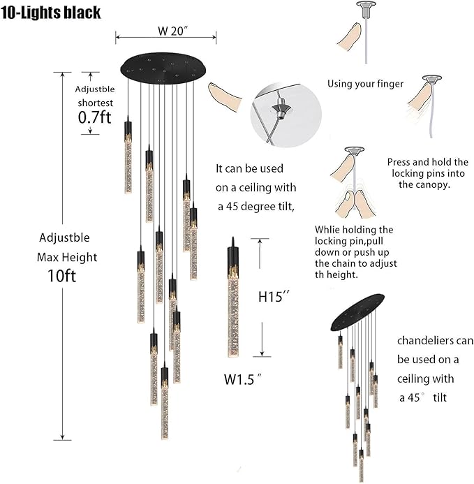 Flashing God Modern LED Chandelier, 10 Lights Black Dimmable Pendant Light with Remote High Ceiling Chandelier for Staircase Living Room Hallway Foyer