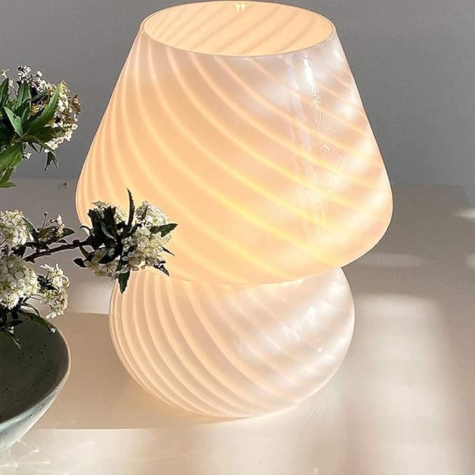 Translucent Table Mushroom Lamp Italian Style Modern Striped Glass Bedside Lamps Desk Light, Used for Baby Home Decoration of Dining, Living, Study,Gift