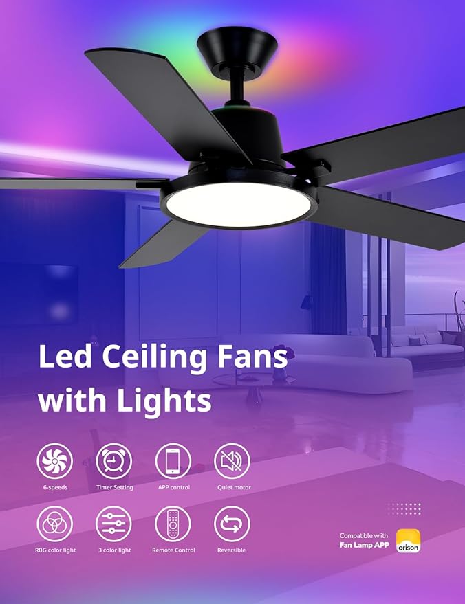 Orison Ceiling Fans with Lights, 52 inch Low Profile Ceiling Fan with RGB Backlight, Flush Mount Ceiling Fan with Remote and App Control,White Bedroom Fan, 6 Speeds, 5 Reversible Blades (Black RGB)