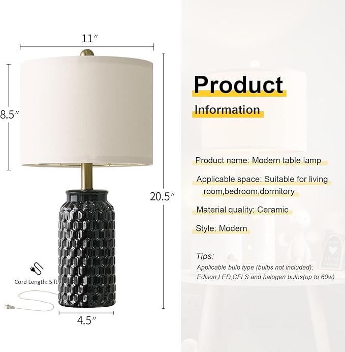 20.5" Black Modern Ceramic Bedside Lamp Set of 2 for Bedroom Decor Farmhouse Table Lamp for Living Room Office Dorm