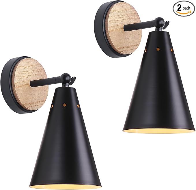 MWZ Rustic Farmhouse Black Metal and Wood Wall Sconce Adjustable Lamp，2 Pack,Rustic Wall Lighting Fixture for Bedroom, Living Room, Headboard, Garage, Porch