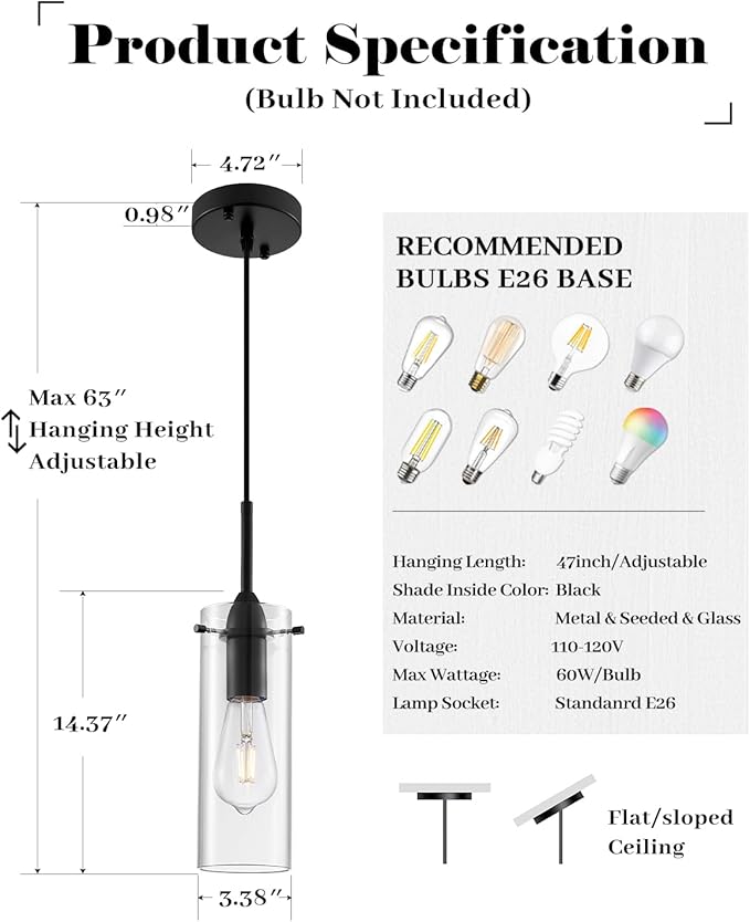 Glass Pendant Lights Kitchen Island 1 Packs, Black Pendant Light, Modern Clear Glass Pendant Light Fixture, Pendant Lights for Kitchen Island, Bedroom, Living Room, Bathroom